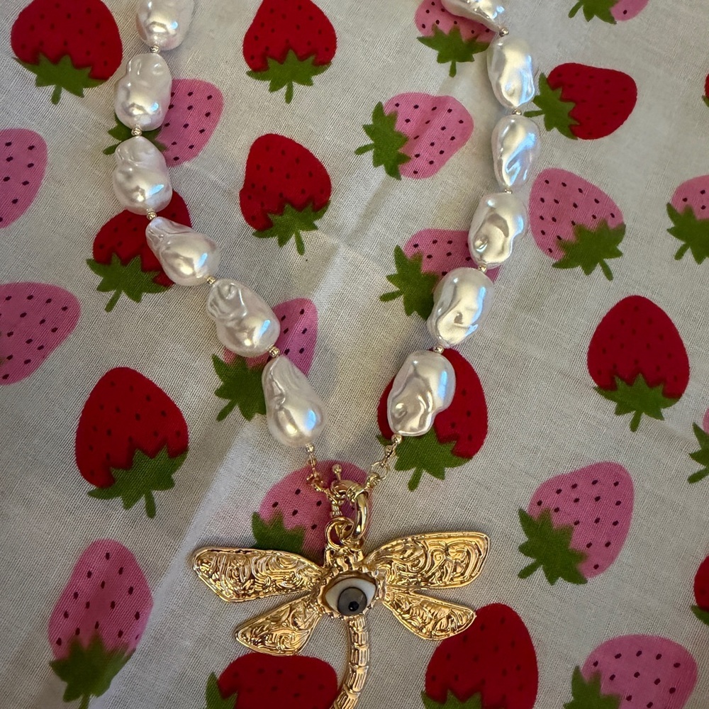 Gold Dragonfly Pendant Pearl Necklace - White Pearlescent Beads